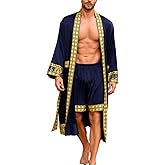 ChiaoLezhee Men's Luxury Silky Robe & Shorts Set, 2PC Lightweight Satin Pajamas with Pockets, Opulent Baroque Kimono Gifts