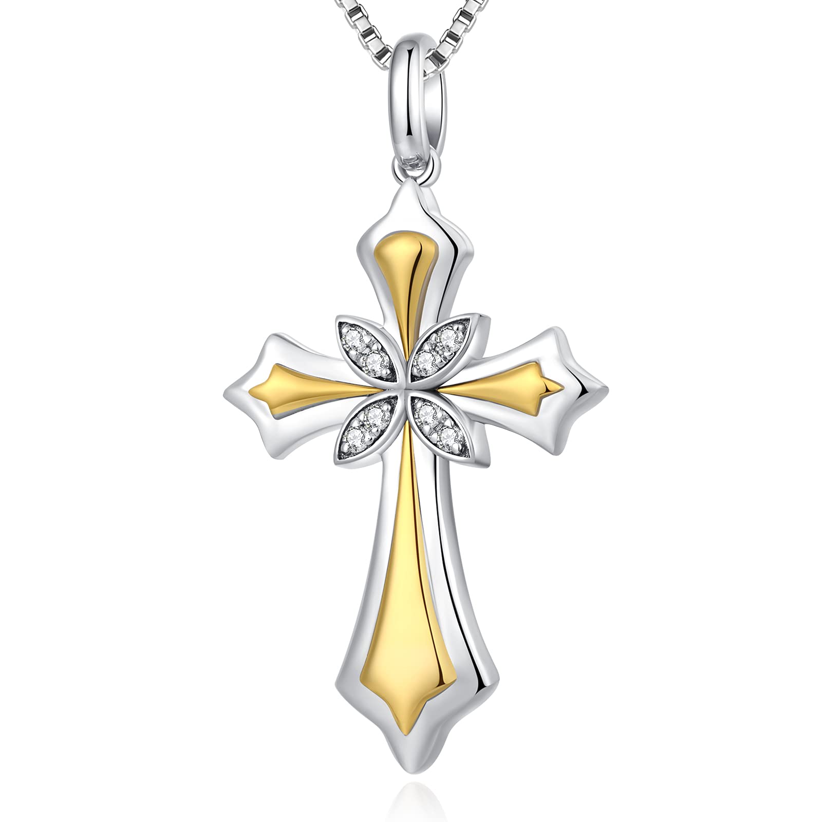 Jiahanzb Silver Cross Necklace for Women Men CZ Pendant Necklaces 925 Sterling Silver Pendants (C: Leaf Silver)