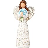 Decorative Angel Figurine with Forget-Me-Not Bouquet, White Dress with Leaf Pattern, Tree of Life Design - Collectible Sculpture for Mom Gifts, Forget Me Not Gifts for Women(Blue Flower)