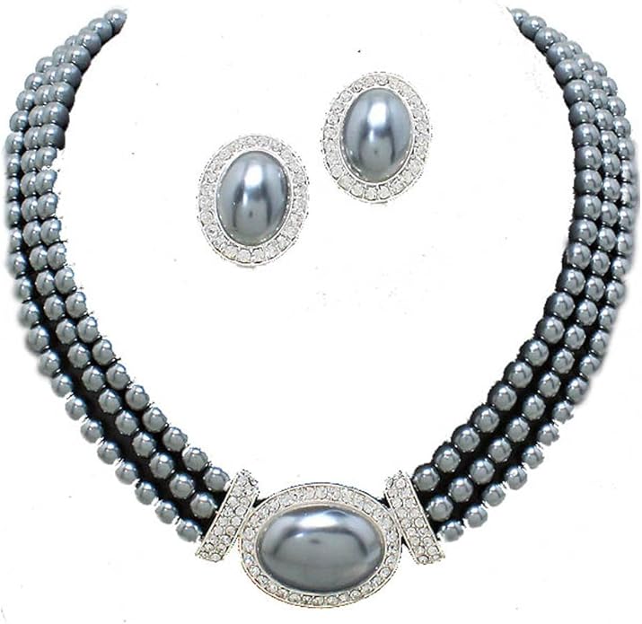 Glitzy Glamour three row grey pearl necklace set with CLIP ON earrings Amazon.co.uk Jewellery