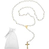 Rosary Beads Catholic for Women,Gold White Rosary Necklace for Women,Glass Pearl Beads Rosary Necklaces,Imitation Pearl Bead Necklace Rosarios Catolicos with Pouch,Catholic Gifts for Adults