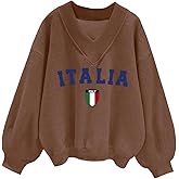 WDIRARA Women's V Neck Letter Graphic Oversized Sweatshirt Long Sleeve Drop Shoulder Pullover Top