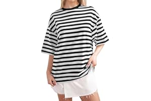 wkind olades Womens Striped Oversized Tops Color Block Crew Neck 3/4 Length Sleeve Shirt Casual Loose Pullover Y2K Clothes