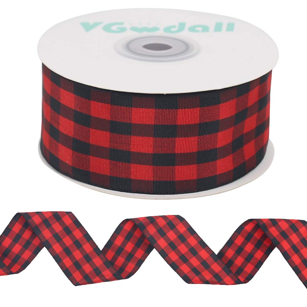 VGOODALL Buffalo Plaid Ribbon Decoration-25 Yards and 1.5 Inch Black Red Plaid Ribbon, Decorate Your House,Christmas Wreaths,Staircase and DIY Any Kind of Style You Like