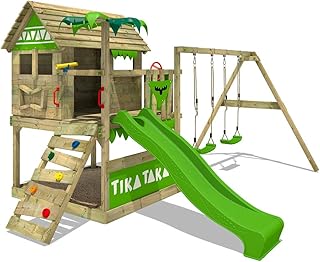 FATMOOSE Spielturm TikaTaka Town XXL - Klettergerüst mit Stelzenhaus, Schaukel, Kletterleiter, Sandkasten, apfelgrüner Wellenrutsche und viel Spiel-Zubehör