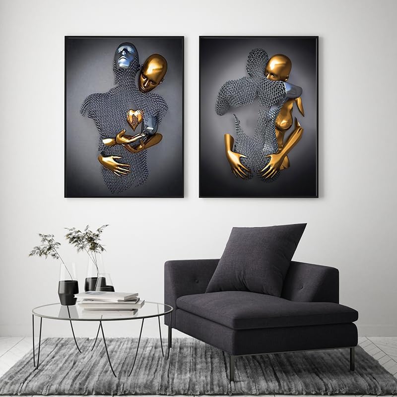 LPFNSF 3D Metal Art Decoration Painting, Modern Silver and Gold Sculpture Effect Decoration Poster, Romantic Hug Love Printed Canvas Painting, Frameless (B 1, 50x70cm*2)