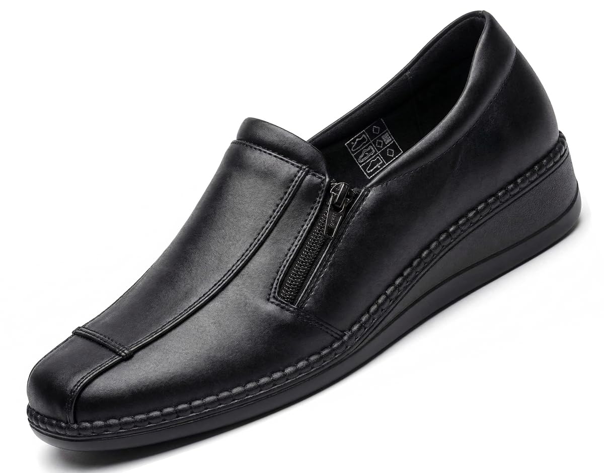Cushion Walk Women's Ladies Lightweight Black Faux Leather Slip-on Flat Zip Shoes, Flats, Casual Work Office Comfort Shoes (8 UK, Black)