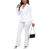Kafiloe Women Elegant 2 Piece Outfits Solid Long Sleeve Peplum Top Flared Pants Set Dressy Blazer Pant Suits