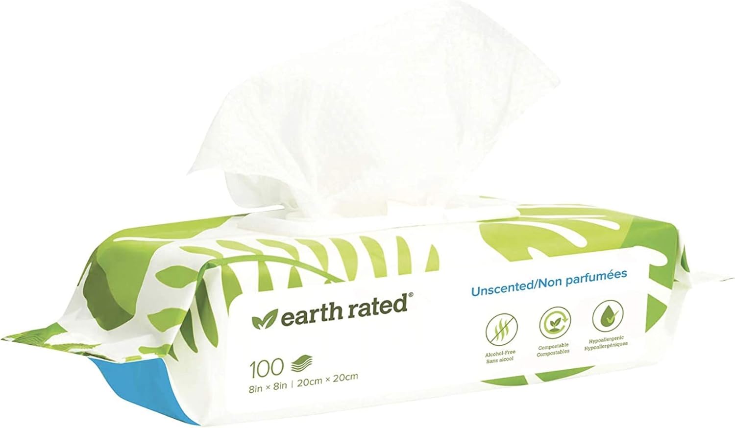 Earth Rated Dog Wipes, 100 Plant-Based and Compostable Wipes for Dogs, USDA-Certified 99 Percent Biobased, Hypoallergenic, Unscented 8x8 Deodorizing Grooming Pet Wipes for Paws, Body and Butt