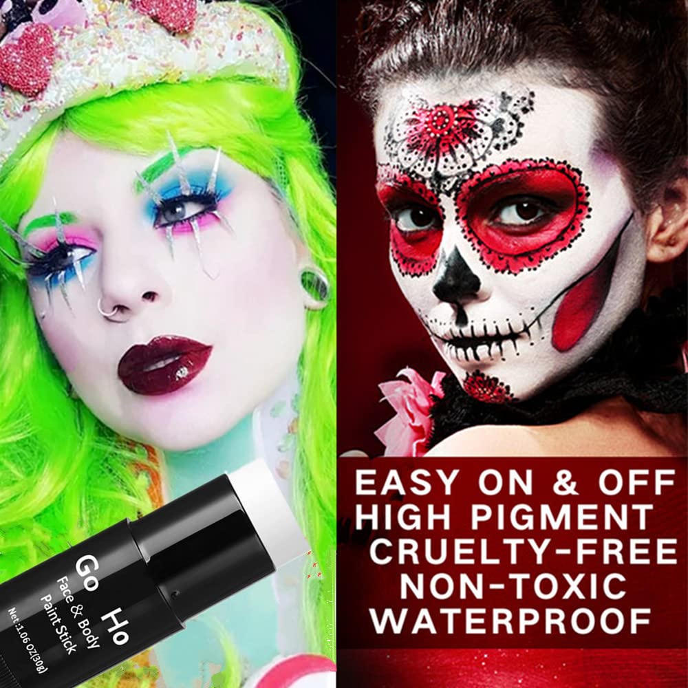 Go Ho Cream-Blendable Clown White Face Paint Stick,Full-coverage Waterproof Face Body Paint for Halloween Cosplay Jokester Zombie Vampire Skeleton Clown SFX Makeup,White Eye Black Stick
