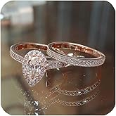 2 Pcs High Luxury Jewelry 18K Rose Gold Shiny Full Diamond AAA Pear Cut Teardrop Cubic Zirconia Solitaire Rings CZ Diamond Ring Set Eternity Engagement Wedding Band Set Promise Ring for Women (7)