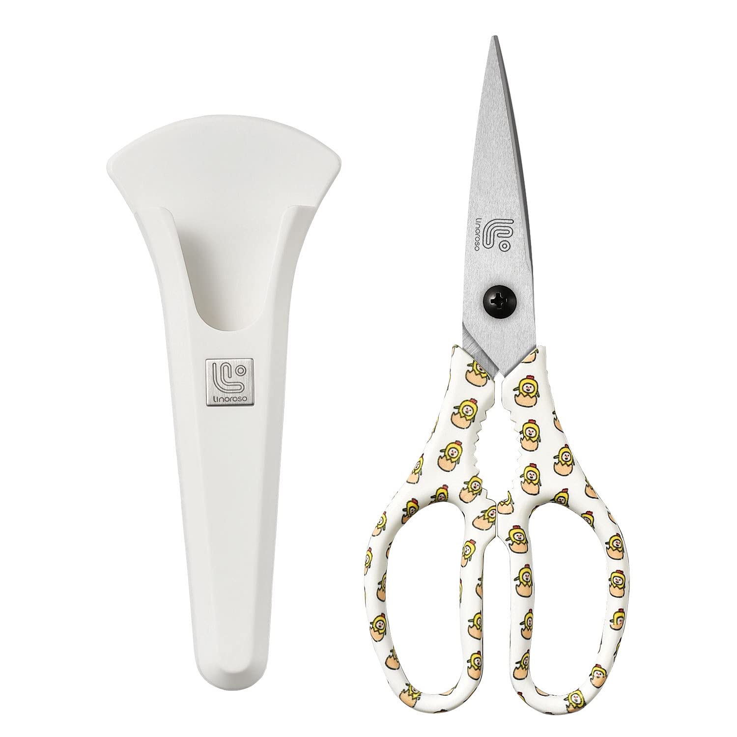 Linoroso Heavy Duty Kitchen Scissor Ultra Sharp Utility Scissors with Cover, Cooking Cutting Stainless Steel Food Shears for Meat Poultry Fish Chicken Pizza Vegetables Herbs BBQ Nuts - Chick Graphic