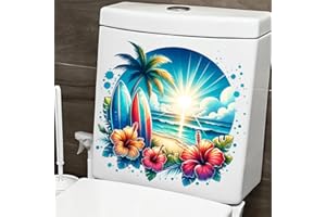PALEERY@FC Ocean Beach Scene with Surfboards Toilet Cover Sticker Decals,Tropical Flowers Waterproof Toilet Lid Tank Seat Decals Cistern Self-Adhesive Bathroom Wall Sticker