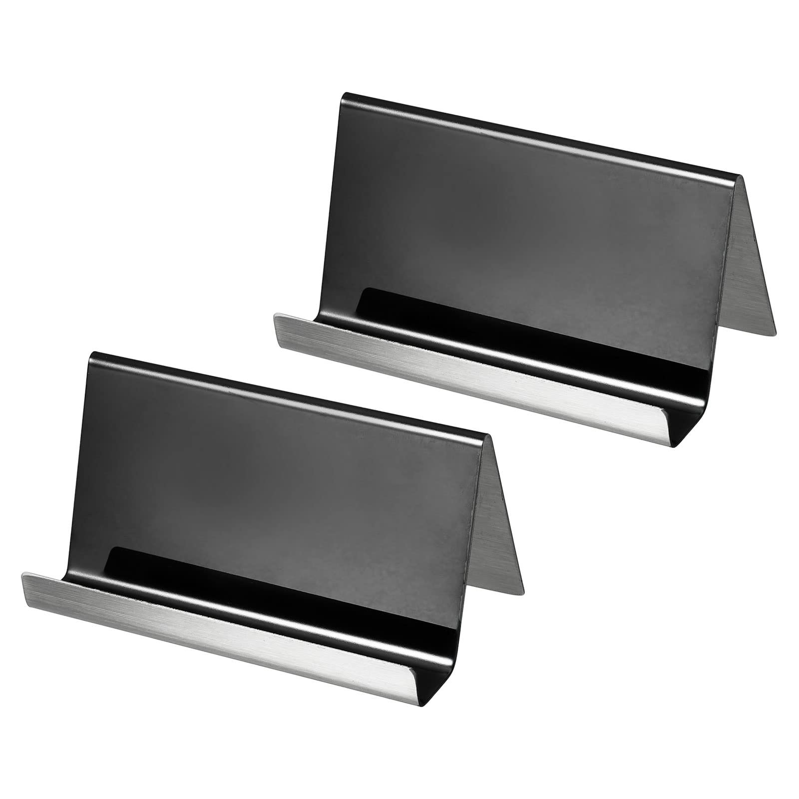 PATIKIL Business Card Holder, 2 Pack Reflective 304 Stainless Steel Desktop Name Cards Display Stand for Office Desk, Black