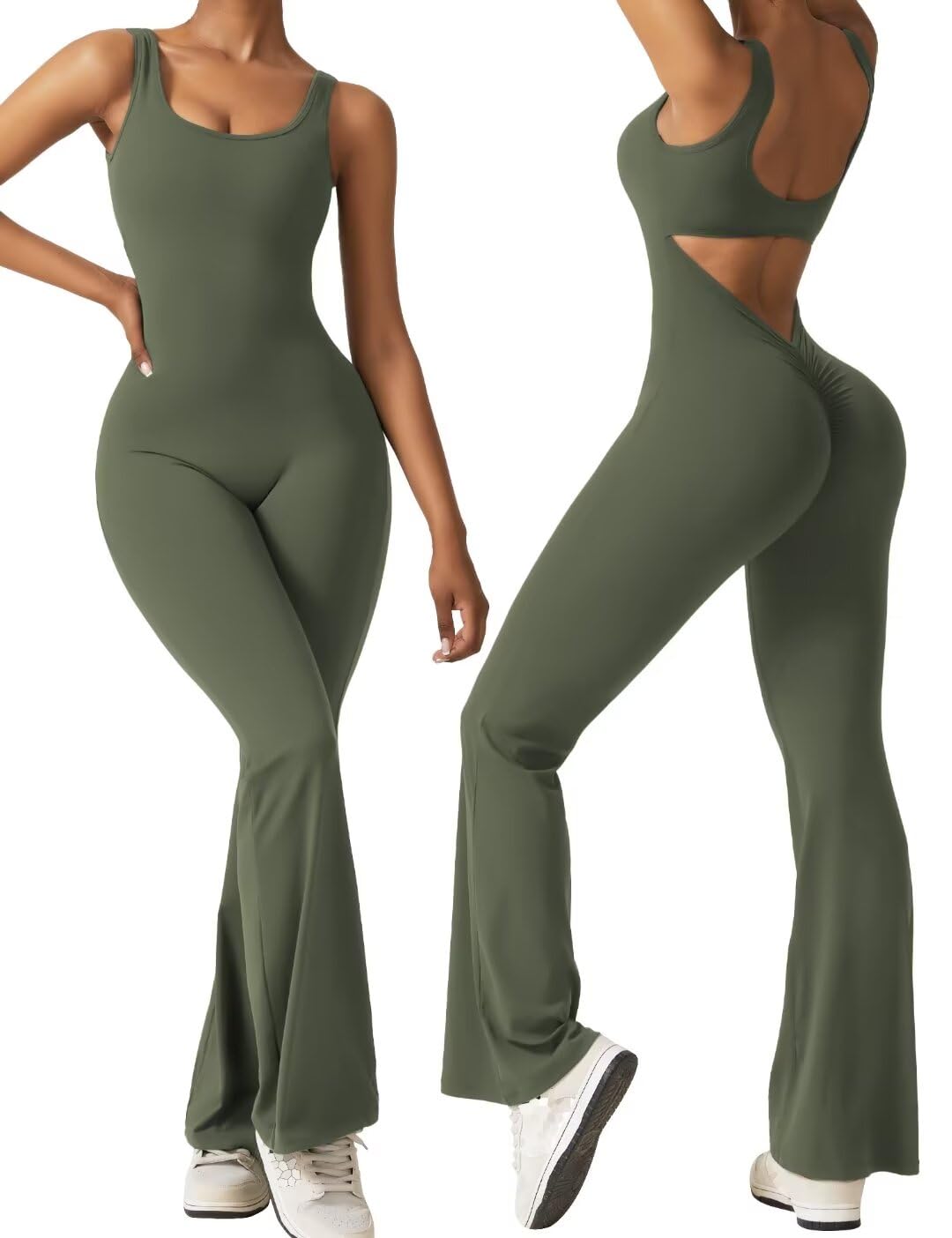 Photo 1 of ***SIMILAR PRODUCT***
Vertvie Sleeveless Flare Jumpsuits for Women Sexy Backless Bodycon V Back Scrunch Butt Yoga Rompers Seamless Workout Bodysuit(Olive Green,Medium)