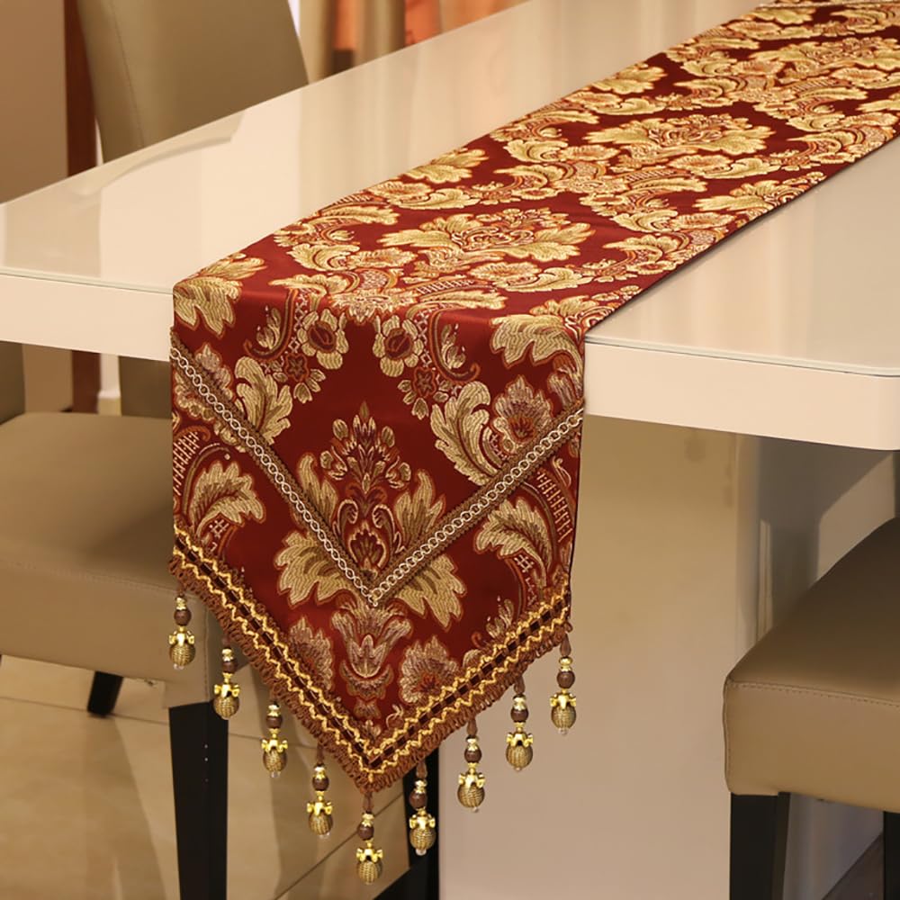 MAGILONA Home Tablecover Bead Decorative Europe Luxurious Cotton Linen Velvet 3D Relief Embroidered Floral Pattern Table Runner Dining Party 13x83 In (Red)