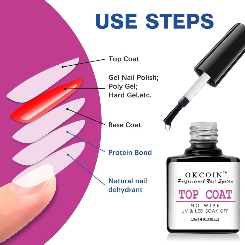 OKCOIN No Wipe Top Coat and Base Coat Set, 10ml UV LED Soak Off High Glossy and Shiny Finish New Upgraded Formula Long-Lasting Base Top Coat for Home DIY and Nail Salon: Health & Personal Care