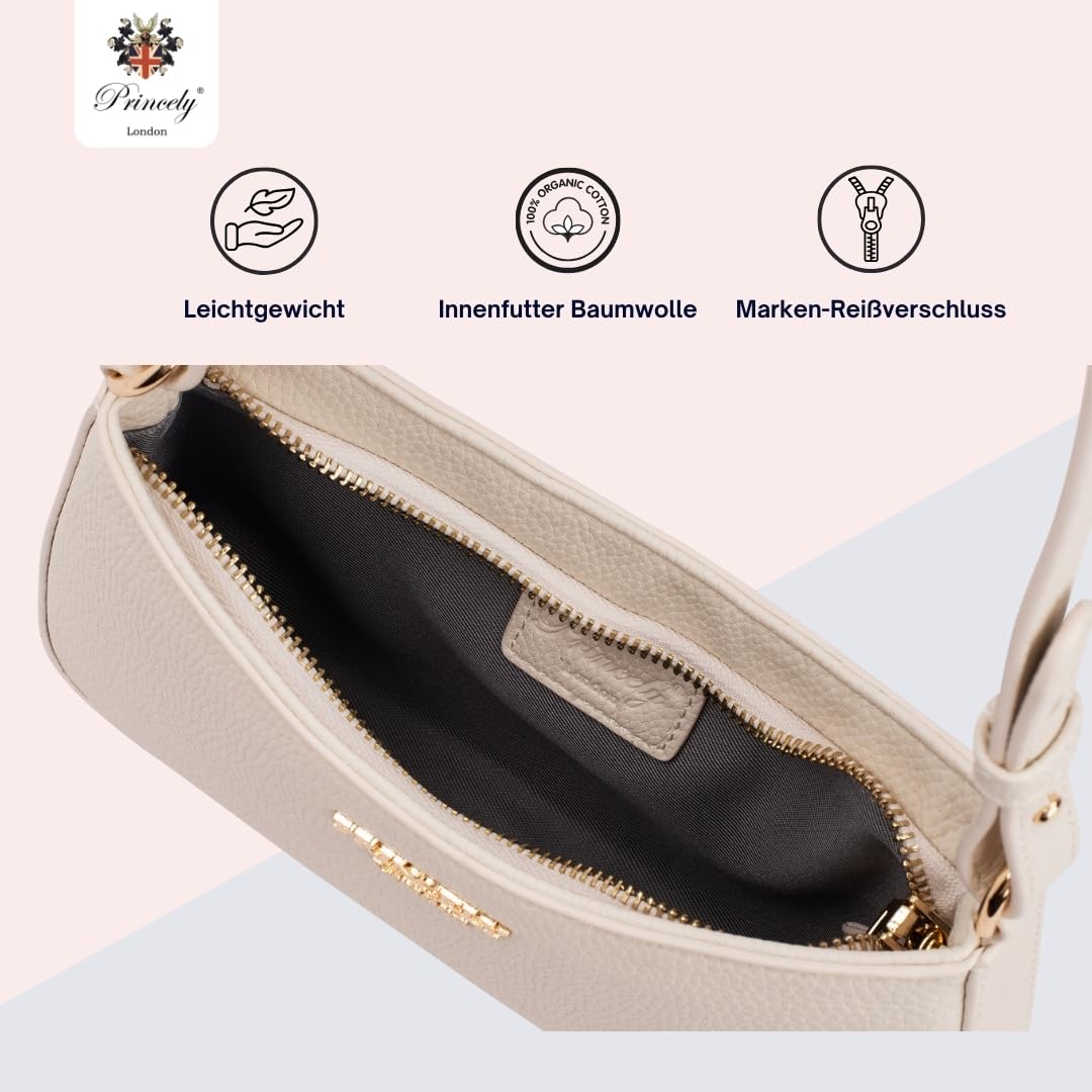 Princely London Schultertasche Nelly - Stylische Handtasche Damen - Elegante Tasche mit Reißverschluss & Innenfach - Offwhite