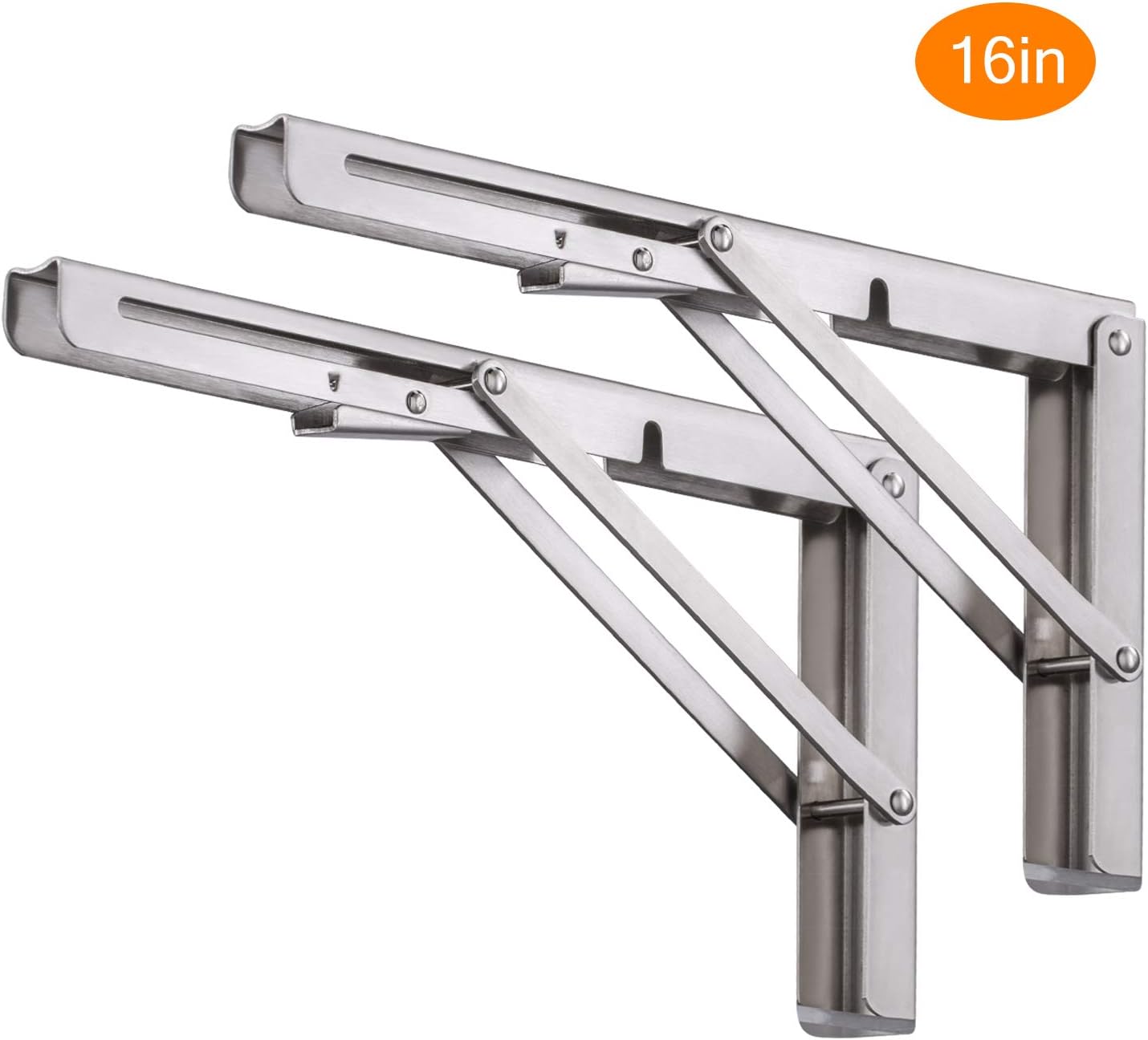 Folding Shelf Brackets 16 Inch, Pynsseu Heavy Duty Stainless Steel Collapsible Wall Mounted Shelf Bracket for DIY Table Work Bench, Space Saving DIY Wall Bracket, 2 Pack, Max Load:440 lb