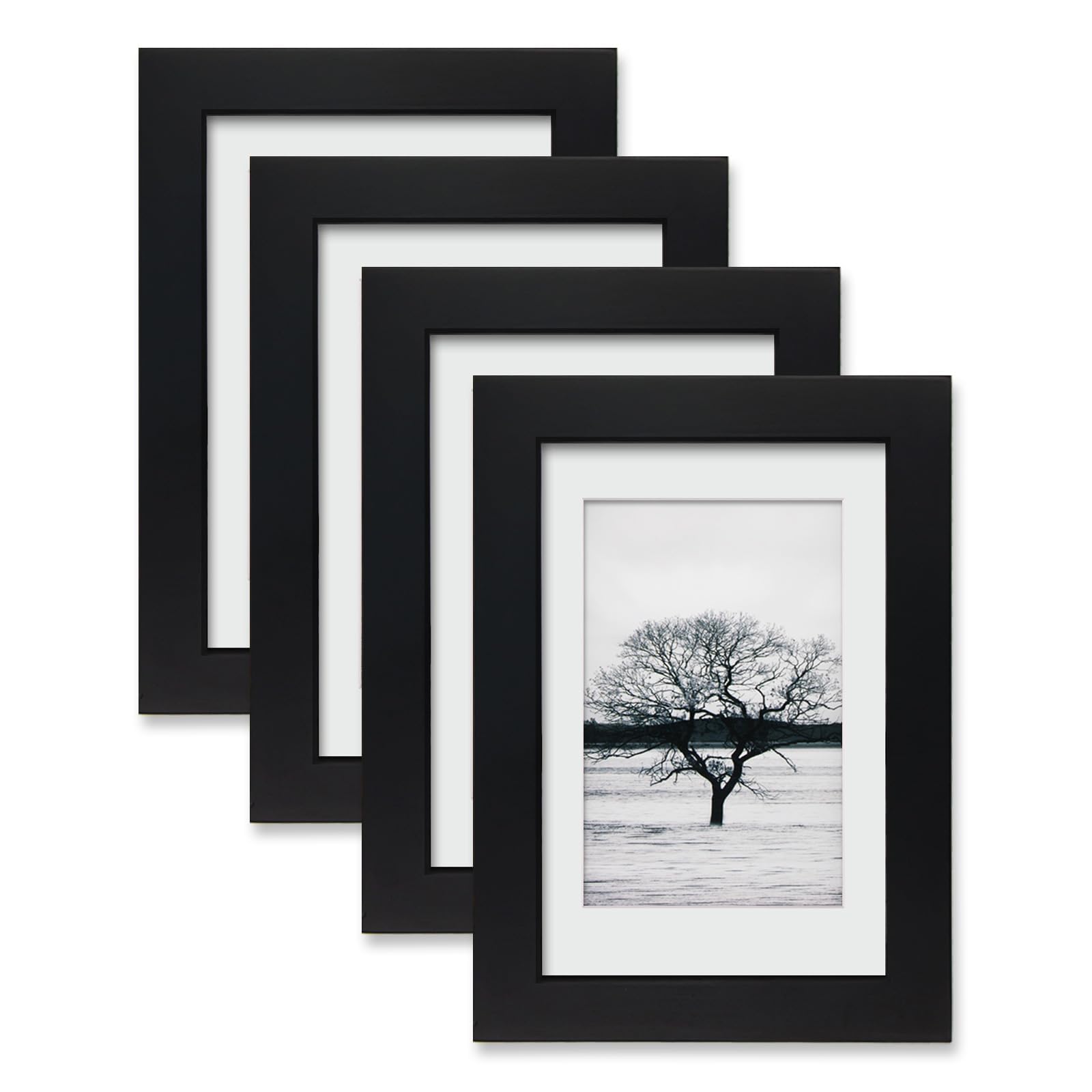 Egofine 6x4 Photo Frames,100% Solid Wood Frames with Acrylic Glass Set of 4,Matted for 3.5x5/4x6 inch Picture,6x4 Picture Frames for Tabletop and Wall Mounting,10x15 cm Small frames for Printing,Black