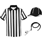 Halloween Kids Referee Costume Set White Black Stripe Umpire Jersey Overturned Collar Referee Shirt Stainless Steel Whistle with Lanyard Hat for Basketball Football Soccer