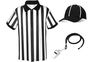SHIHANEE Halloween Kids Referee Costume Set White Black Stripe Umpire Jersey Overturned Collar Referee Shirt Stainless Steel Whistle with Lanyard Hat for Basketball Football Soccer