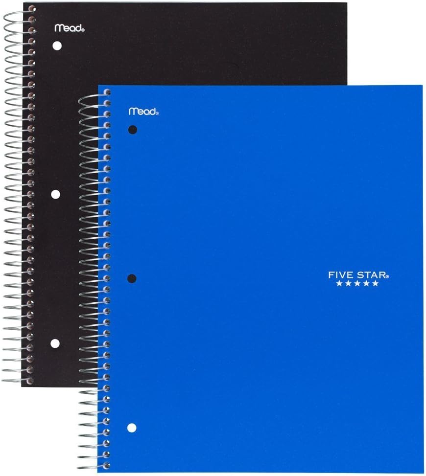 Five Star Spiral Notebooks, 3 Subject, College Ruled Paper, 150 Sheets, 11 x 8-1/2 inches, Black, White, 2 Pack (73015) : Office Products