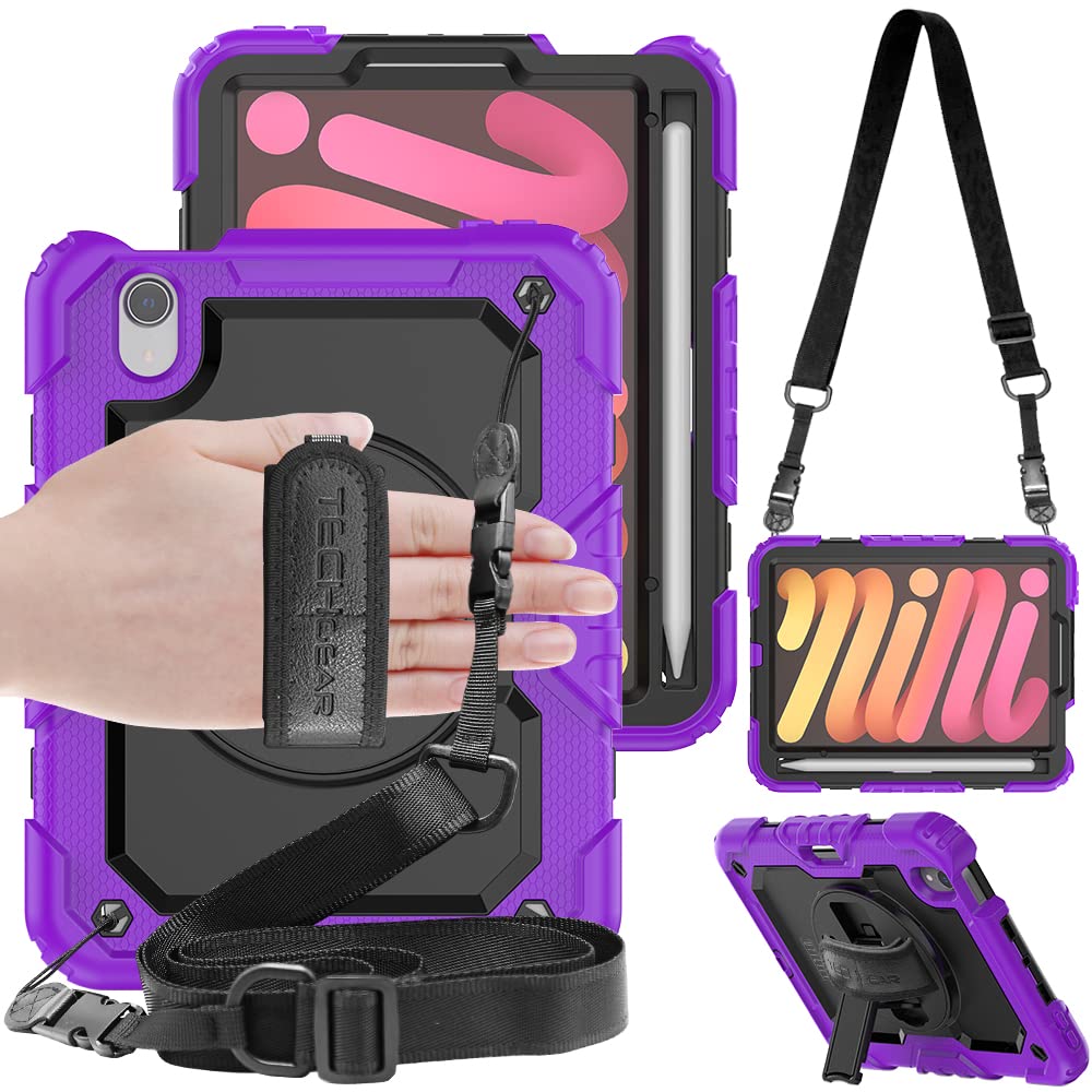 TECHGEAR UTILITY Case for iPad Mini 7/6, 8.3" - Tough Rugged HEAVY DUTY Armour Shockproof Case with 360 Rotating Stand, Hand and Shoulder Strap - Purple