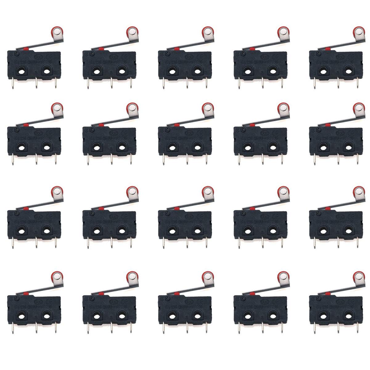 Youmile 20PACK Micro Switch Roller Lever Arm 3Pin AC 5A 125 250V SPDT 1NO 1NC Momentary PCB Terminals Close/Open Switch