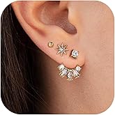SPORCLO Gold Earrings for Women Hypoallergenic 14K Gold Plated Flat Back Stud Earring Jackets Stacks Set 3 Pairs Surgical Steel Hoop Jewelry Gift
