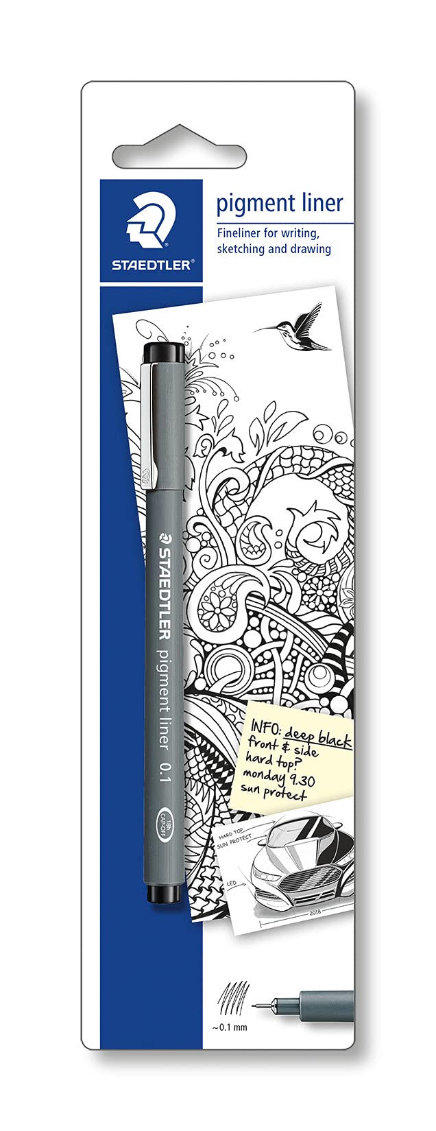STAEDTLER 30801-9BKD Pigment Liner Fineliner Pen for Writing & Technical Drawing - Black, 0.1mm (Blistercard of 1)