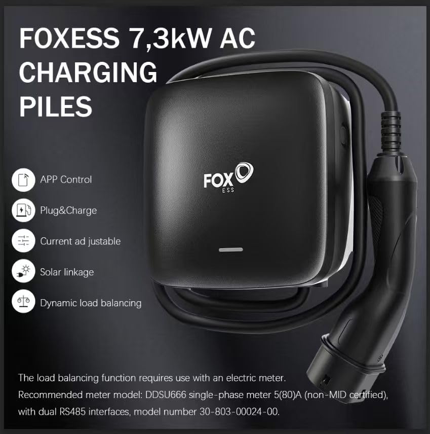 FoxESS Wallbox Type 2 7.3 kW Single Phase 230 V, Adjustable Charging Current 6-32 A, App Control via Wi-Fi, Degree of Protection IP55 & IK08, Dynamic Load Management