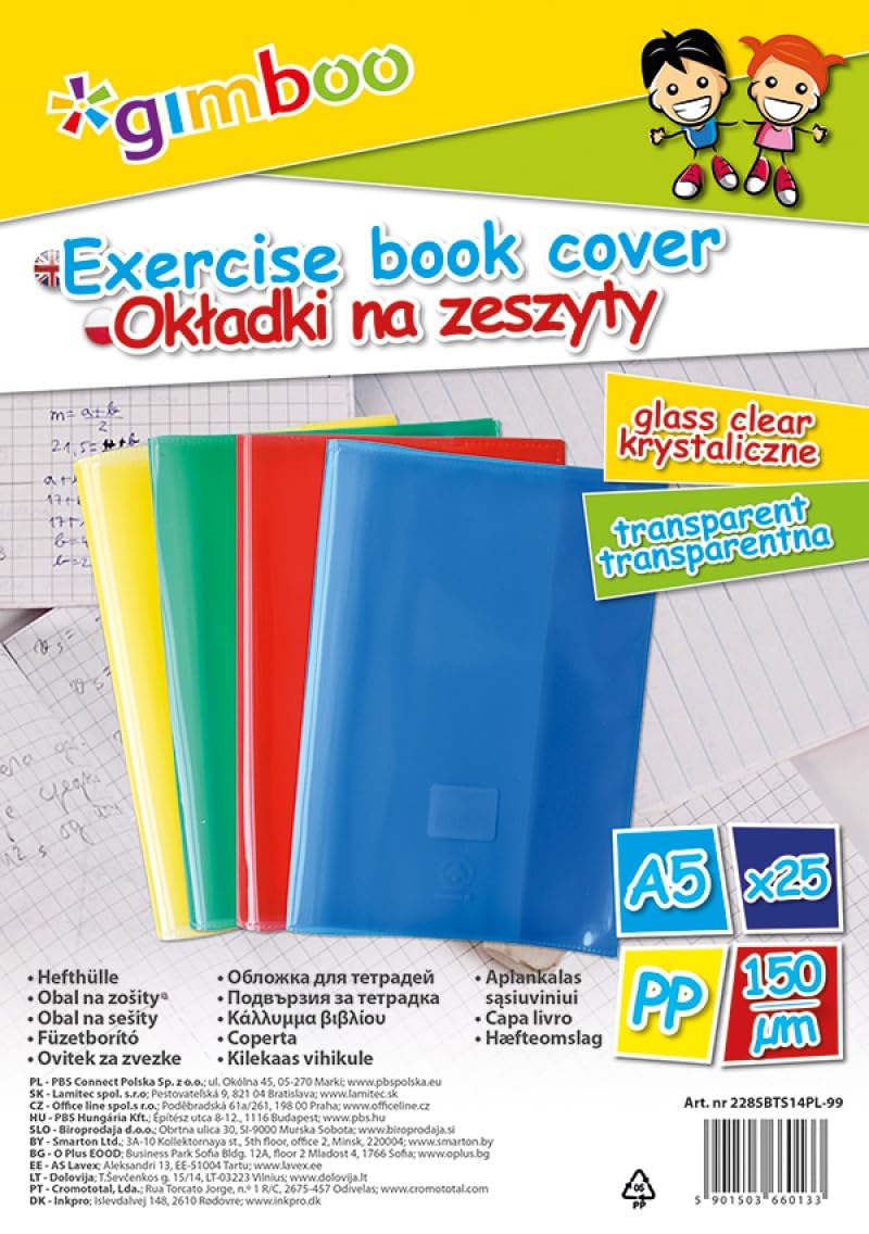 gimboo Book Cover Notebook Covers/Set of 25 / DIN A5 Transparent Colour Mix/Crystal Clear Polypropylene Film Transparent/Exercise Book Cover for School Books / 150μm 2285BTS14PL-99
