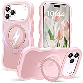 Amzfield for iPhone 17 Pro Case, Compatible with Magsafe with Invisible Magnetic Ring Stand Wavy Frame Cute Translucent Matte Hard Back Silicone Bumper Shockproof Phone Case Women Girls, Pink