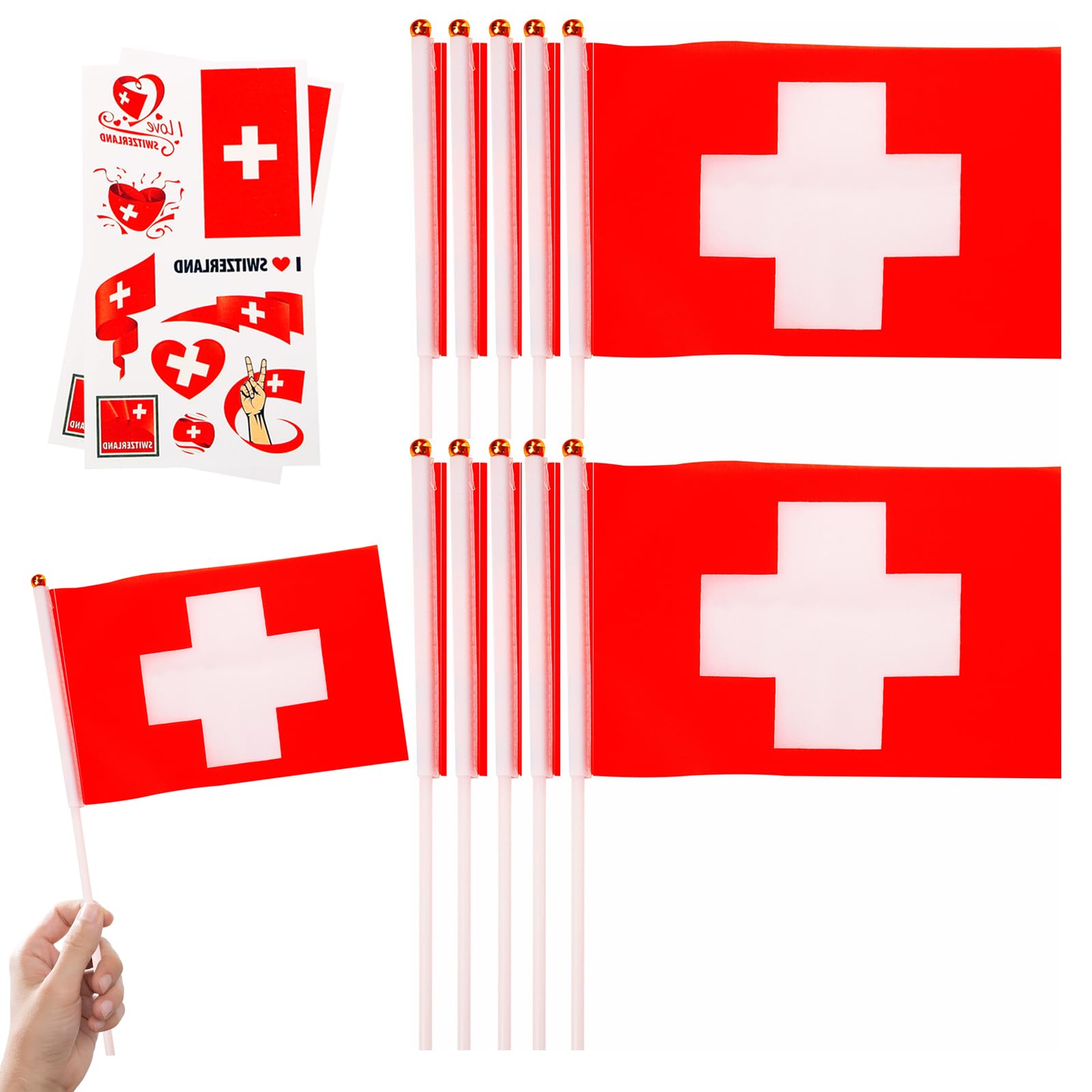 10pcs Small Switzerland Flags on Sticks & 2pcs Temporary Tattoos for Football 2025 Party,Mini Swiss Flags on Sticks Hand Held Flags for VE Day 80th Events Celebration Swiss Party Decorations