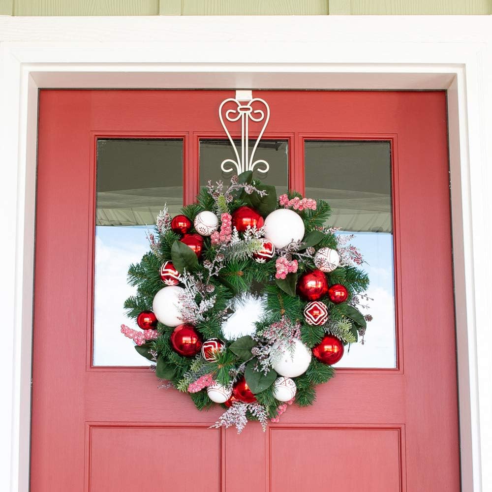 [Front Door Wreath Hanger] - Elegant Design | Adjustable Hook Length for Tall and Small Doors | Padding to Prevent Damage Like Scratch and Dents | Heavy Duty Cast Iron Metal Hangar - (White): Kitchen & Dining