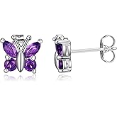 Amazon Collection Sterling Silver Genuine African Amethyst Butterfly Stud Earrings