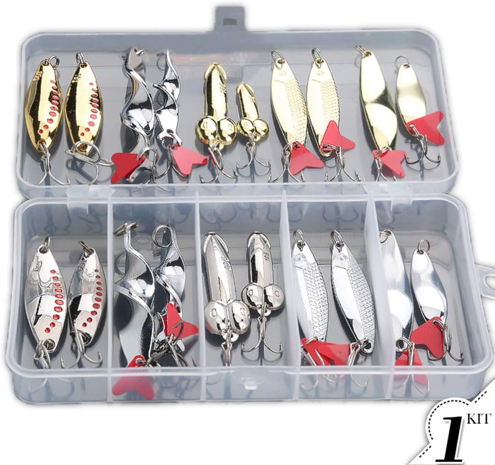 DONQL Fishing Lures Metal Spoons Hard Baits 20pcs Set Metal Fishing Lures Spinner Baits Fish Treble Hooks Tackle Salmon Bass