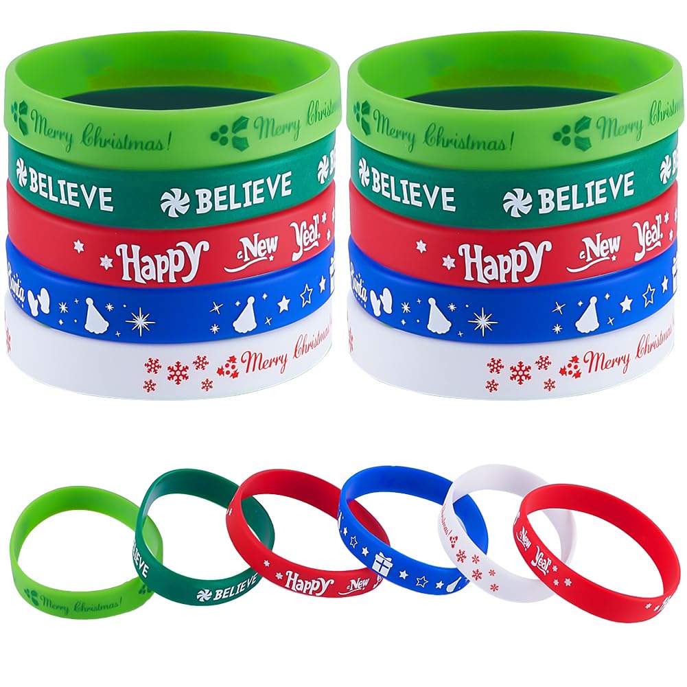 CREATCABIN 30Pcs 5Colors Christmas Silicone Bracelet Rubber Wristbands Xmas Wristbands Bulk Stretch Plain Silicone Elastic Bracelet for Adult Stocking Stuffers Christmas Teams Party Gifts 2.4x0.5Inch