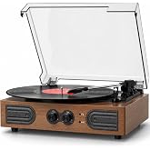 TANLANIN&reg; Vinyl Record Player with Dual Speakers Bass/Treble Control Walnut | Built-in Stereo Speakers, Vintage 3-Speed 3 Sizes, Belt-Driven LP Turntable, Headphone Jack, RCA Line-out, AUX-in, Auto-Stop