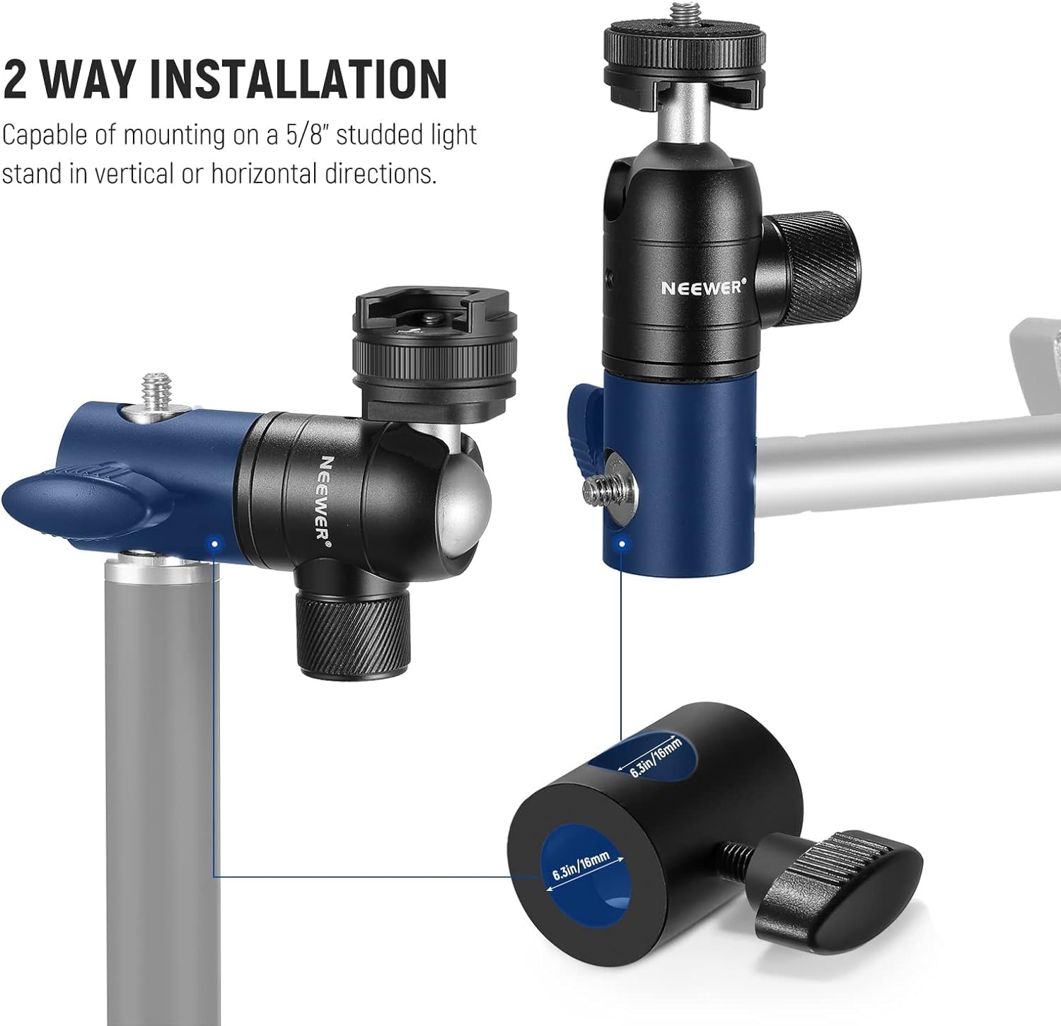 NEEWER Light Stand Mount Adapter with Cold Shoe and 1/4” Screw Mini Ball Head, Reversible Mounting Plate for Camera Monitor Ring Light, Fits Flat Head Light Stand/Boom arm/C Stand, Max. Load 22lb/10kg
