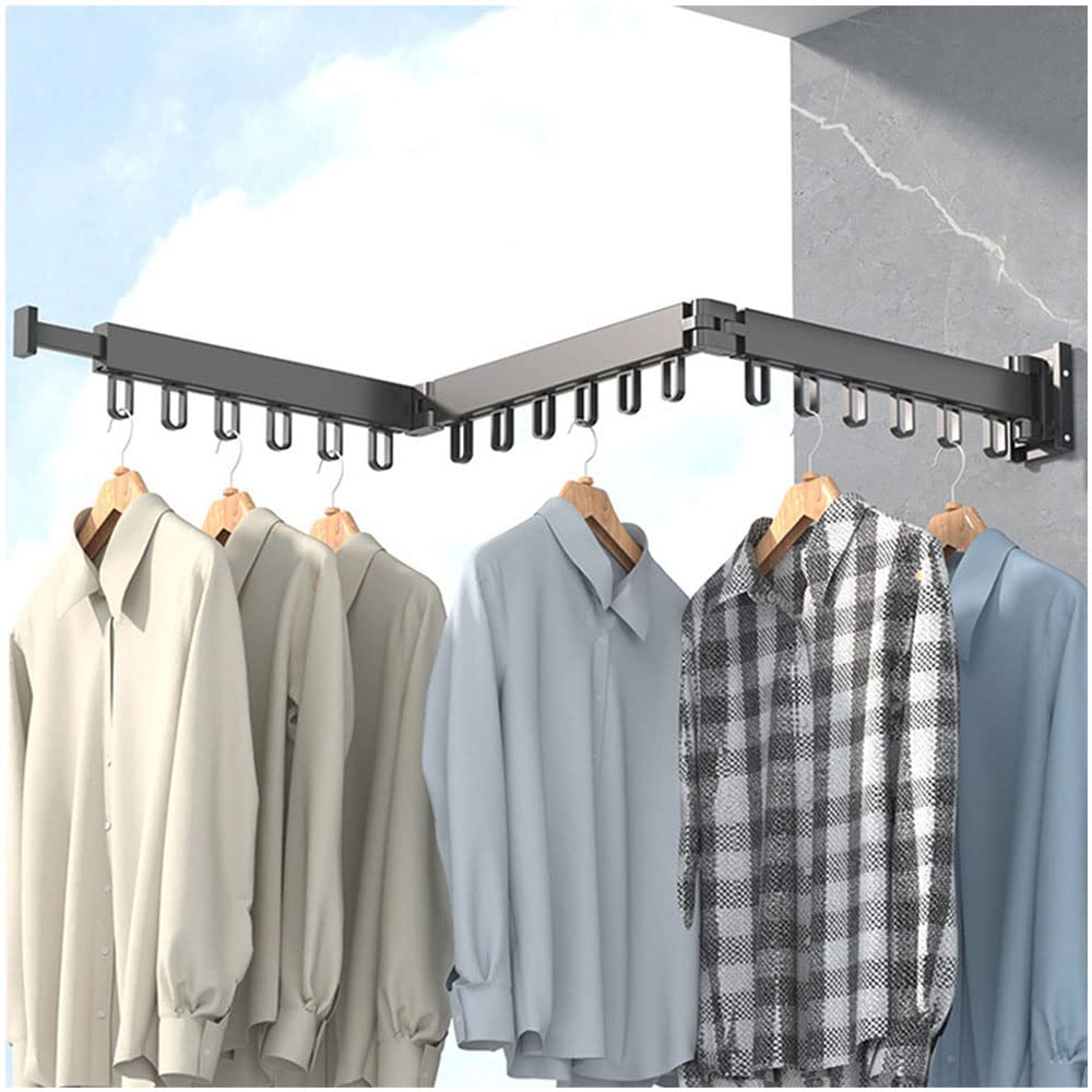 Hggzeg Clothes Drying Rack Wall Mounted, Retractable Garment Rack with Hooks, 360° Rotating Tri-Collapsible Laundry Clothes Drying Rack for Balcony, Laundry, Bathroom （black）