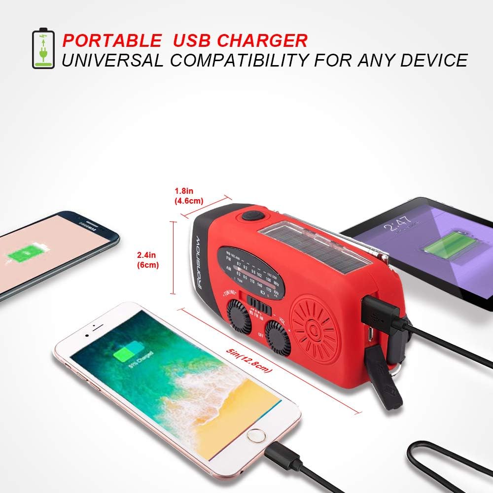 (Classic Creator) iRonsnow Solar Emergency NOAA Weather Radio Dynamo Hand Crank Self Powered AM FM WB Radios 3 LED Flashlight 1000mAh Smart Phone Charger Power Bank(Red): Electronics