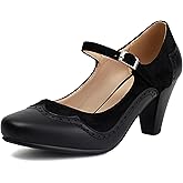 Elerhythm Women's Mary Jane Classic and Retro 1920s Pump Heels Gatsby Oxford Pattern 1950s Pinup Vintage Round Closed Toe 1940s Ankle Strap Dress Shoes