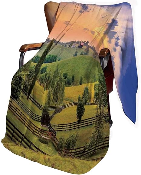 Amazon 自然 ひざ掛け 田舎の牧草地の写真牧草地のフェンスシュールな田舎のプリント 150cm X 130cm ソファ オフィス 車用 おしゃれ 北欧風 プレゼント グリーンブルーオレンジ ブランケット 毛布 オンライン通販