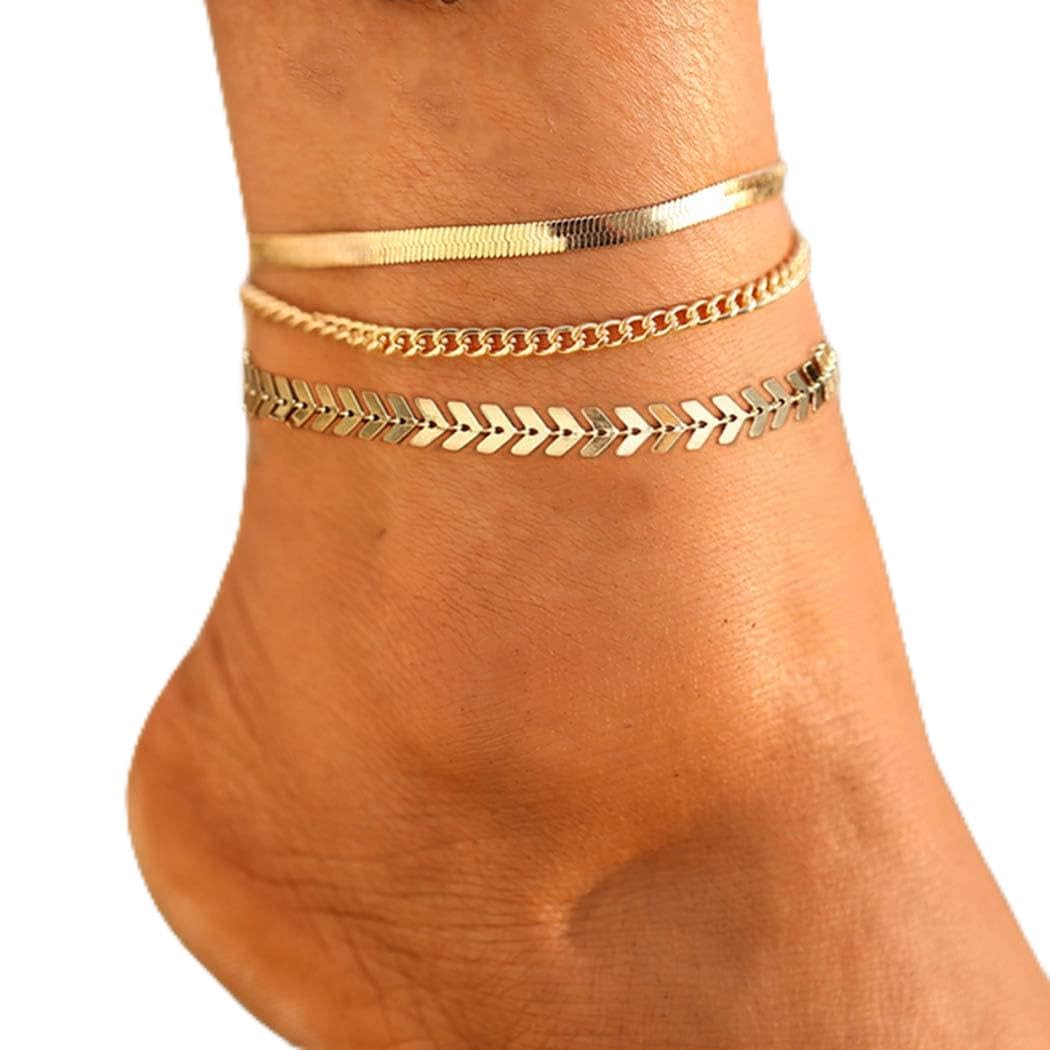 Handcess Boho Layered Anklets Gold Ankle Bracelets Beach Fishbone Foot Chain Jewelry for Women and Girls