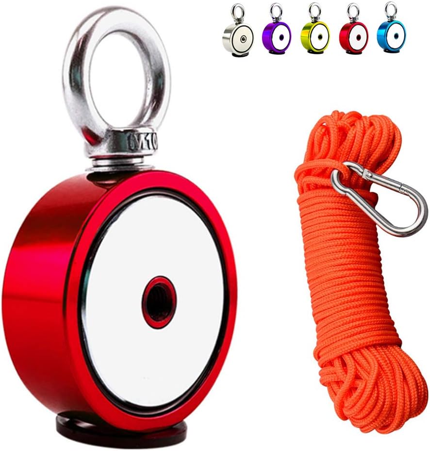 Fishing Magnets (Double-Sided Magnetic) Round Neodymium Magnet with Eyebolt,Ultra Strong Neodymium Magnet,Magnetic Hooks for Magnet Fishing and Retrieving in River(48MM),Red