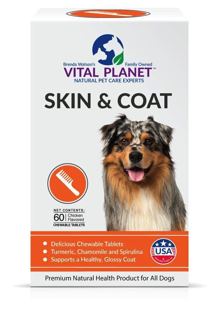 Vital PlanetSkin and Coat Supplement for Dogs with Choline, Inositol, Pumpkin, Flax and Omega-3 Oils to Support a Soft Shiny Healthy Coat and for Seasonal Allergies - 60 Chewable Tablets