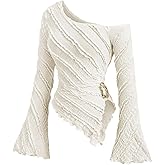 SOLY HUX Women's Off The Shoulder Long Sleeve Tops Y2K Going Out Crop Tees Asymmetrical Trendy T Shirts Clubwear