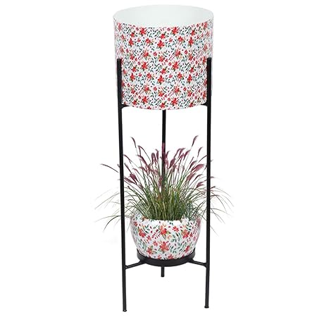 Kraft Seeds Presents Premium Collection Graceful Metal Dual Pot Stand with 2 Metal Planters for Indoor and Outdoor Plants for Home and Garden Use